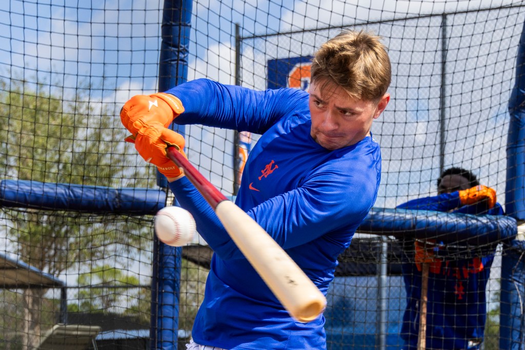 A.J. Ewing of the New York Mets batting during spring training.