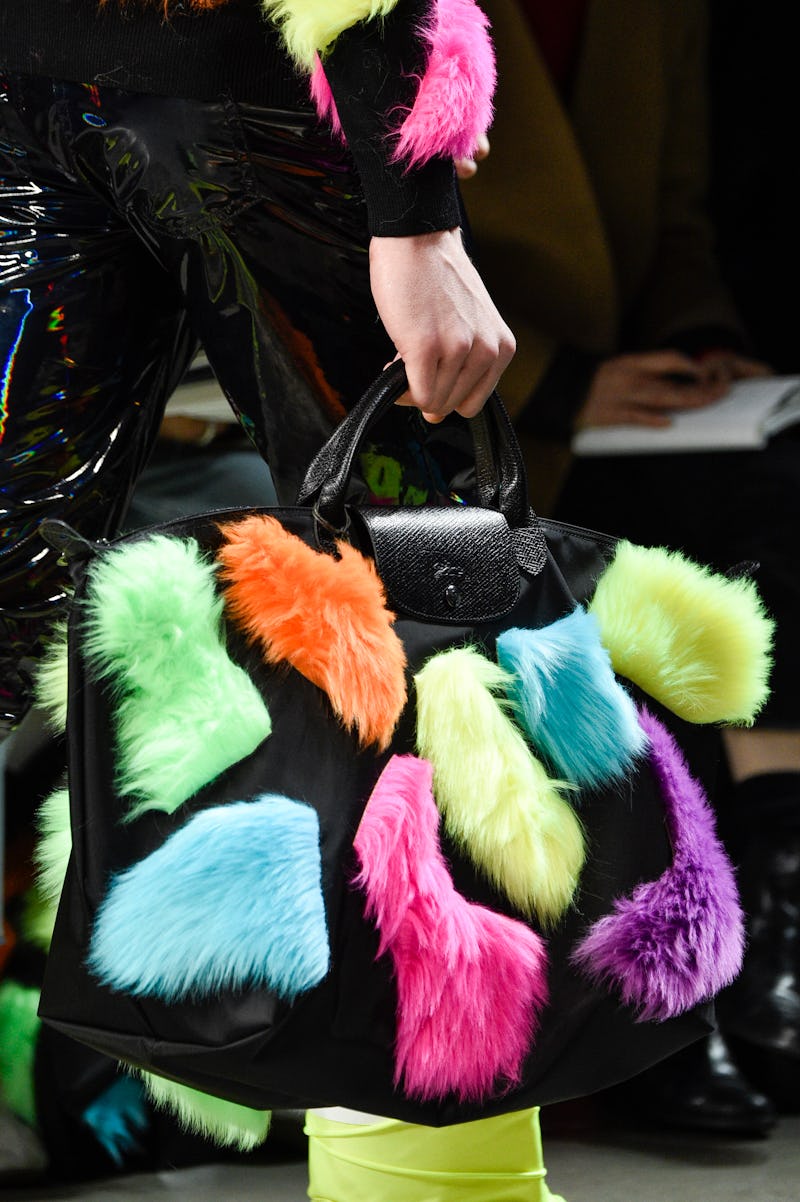 NEW YORK, NY - FEBRUARY 08: A model, bag detail, walks the runway at Jeremy Scott Show Fall 2018 du...