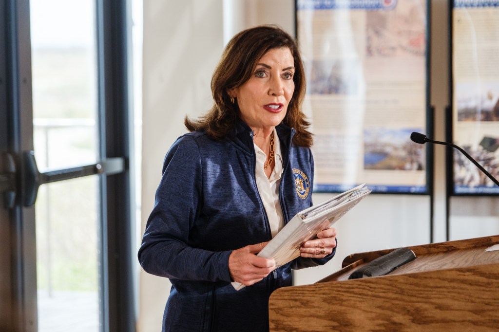 Governor Kathy Hochul at a press conference, speaking about the 250th anniversary of the United States and a potential LIRR strike.