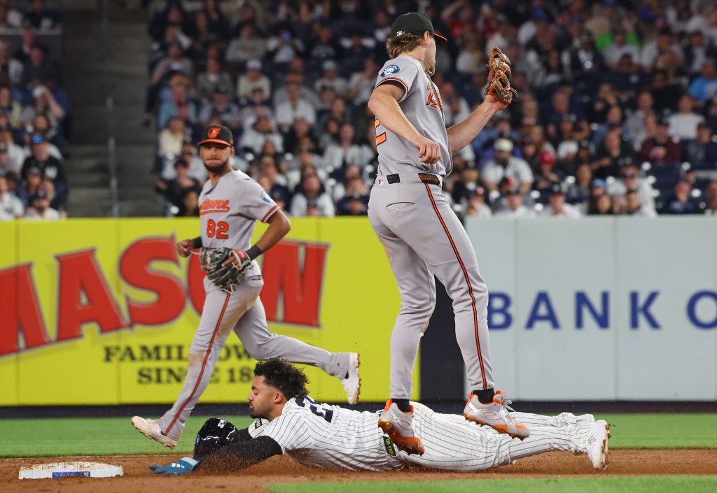 Jasson Domínguez (24) advances to second base during the sixth inning when the New York Yankees played the Baltimore Orioles Monday, May 4, 2026 at Yankee Stadium in the Bronx, NY.