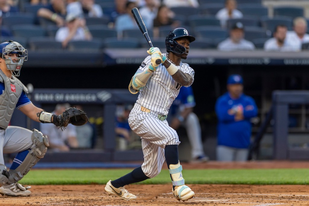 Jazz Chisholm Jr. (13) of the New York Yankees grounds out against the Toronto Bluejays.