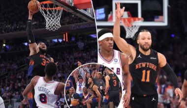 Knicks claw past Joel Embiid-less 76ers in tense Game 2 victory