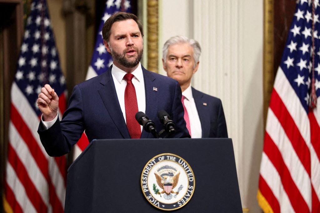 An image collage containing 1 images, Image 1 shows U.S. Vice President JD Vance speaking from a podium, with Administrator for the Centers for Medicare & Medicaid Services Mehmet Oz standing behind him
