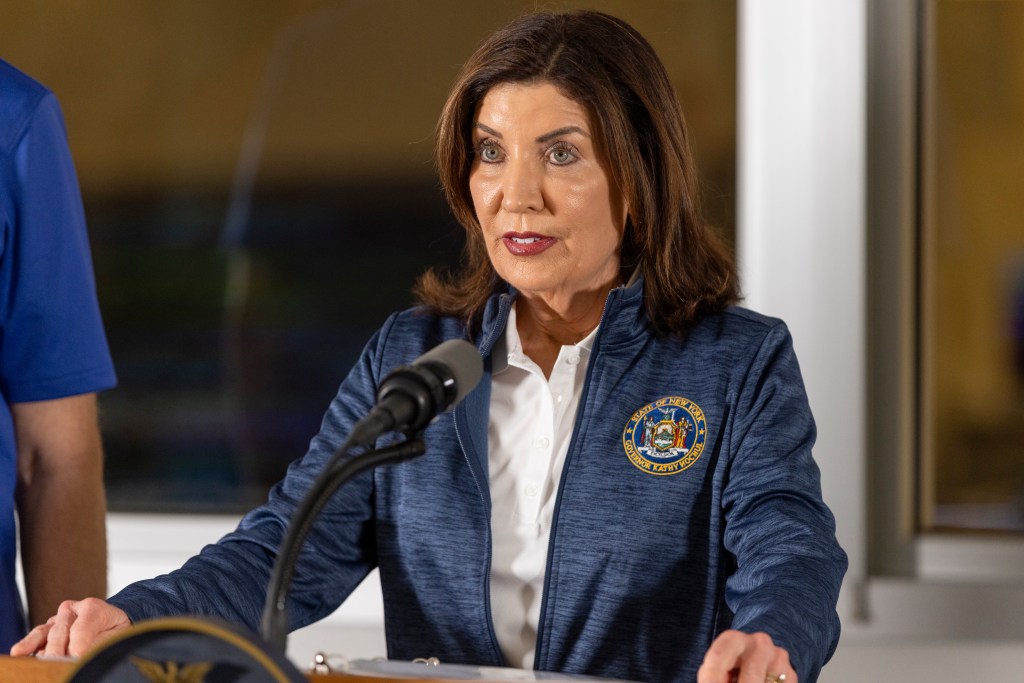 New York Governor Kathy Hochul speaks at a press conference addressing the ongoing LIRR Strike.