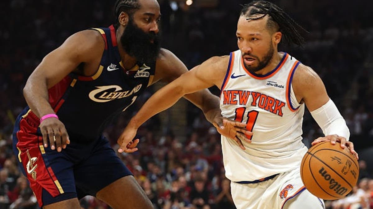 Jalen Brunson defending against James Harden during NBA Eastern Conference Finals game in Cleveland