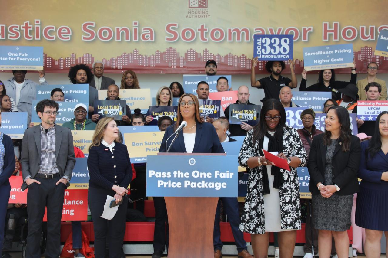 AG James speaks at podium at One Fair Price Package rally in the Bronx