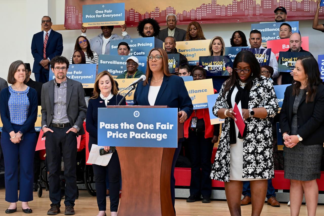 AG James speaks at podium at One Fair Price Package rally in the Bronx