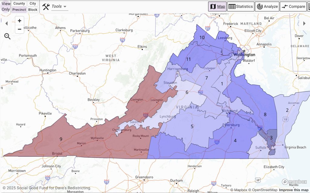Proposed congressional map of Virginia, with districts numbered 1 through 11 and shaded in blue and red.