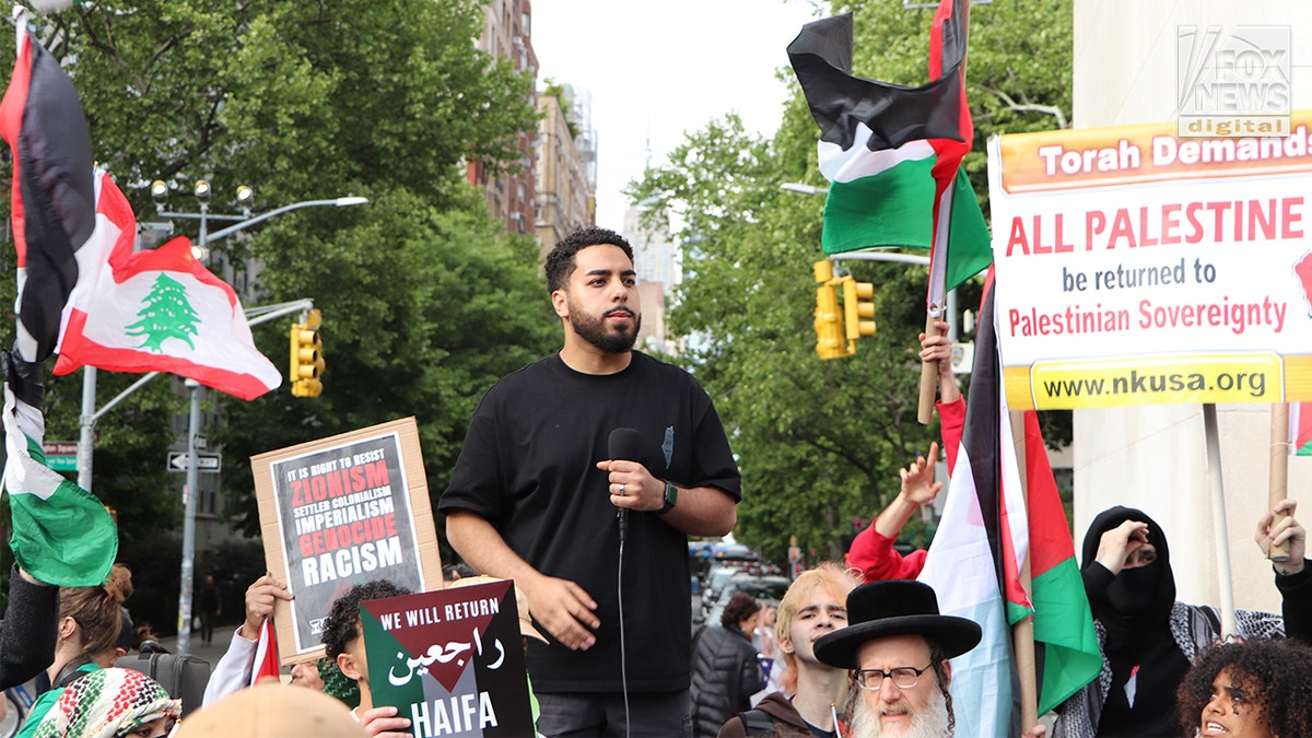 Abdullah Akl speaking at Nakba 78 protest near Washington Square Park in New York City