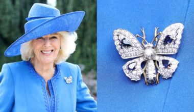 Queen Camilla wears a Fiona Clare dress and diamond and sapphire brooch at a Garden Party at Hillsborough Castle on May 20 in Hillsborough, Northern Ireland.