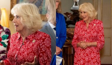 Queen Camilla wears Boden at a celebration for Medical Detention Dogs at a reception for the charity at Clarence House on May 12 in London.
