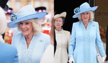 Queen Camilla wears Fiona Clare at a Royal Garden Party at Buckingham Palace on May 6 in London.