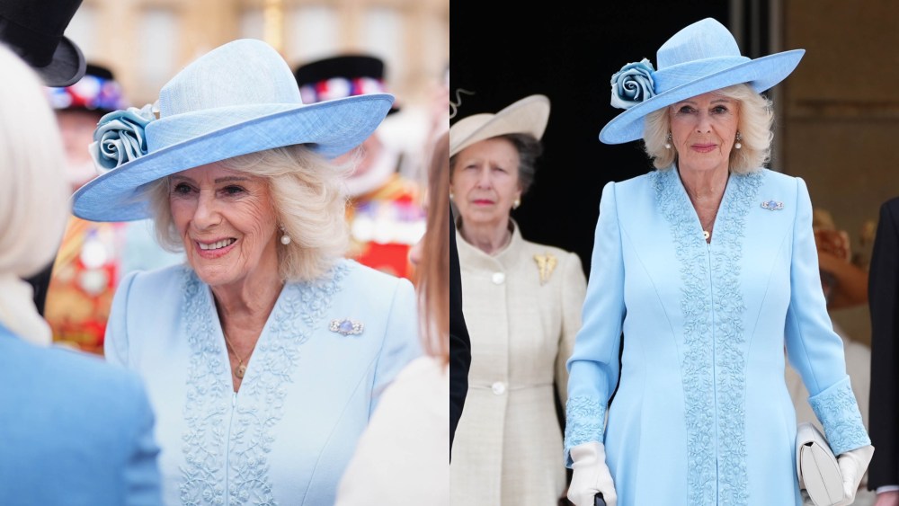 Queen Camilla wears Fiona Clare at a Royal Garden Party at Buckingham Palace on May 6 in London.