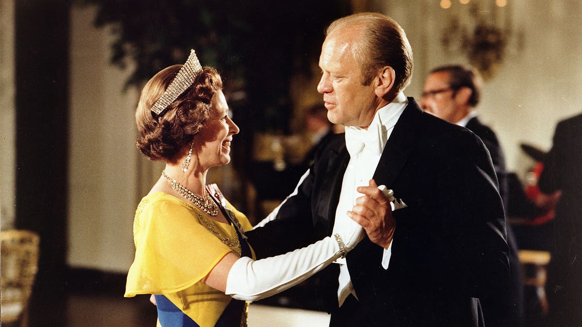 President Gerald Ford dancing with Queen Elizabeth II at the White House ballroom