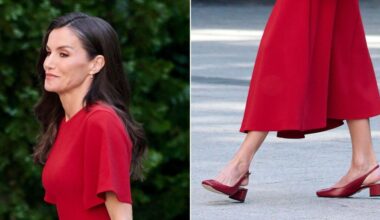 Queen Letizia in a monochromatic red look, including her custom Magrit block-heel slingbacks, to present the XV edition of the Luis Carandell Parliamentary Journalism Awards in Madrid on Wednesday.