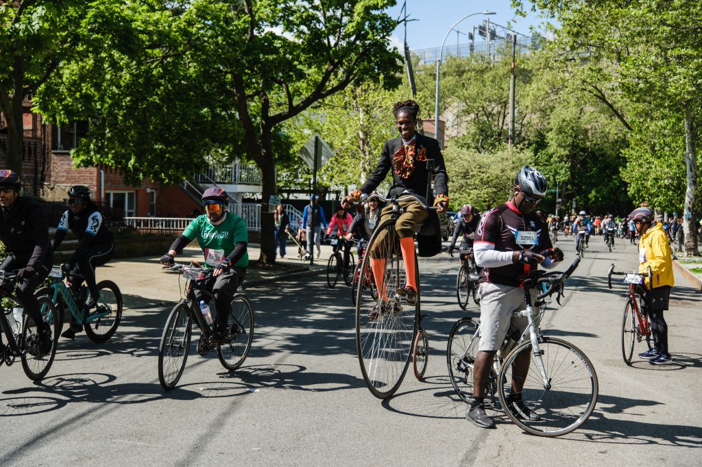 Rasta Rolla cycling a Penny Farthing bike in the Annual Five Boro Bike Tour on May 3, 2026 in New York City.