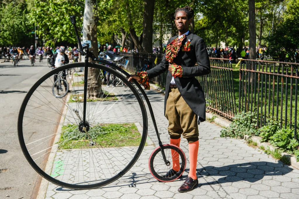 Rasta Rolla cycling a Penny Farthing bike in the Annual Five Boro Bike Tour on May 3, 2026 in New York City.