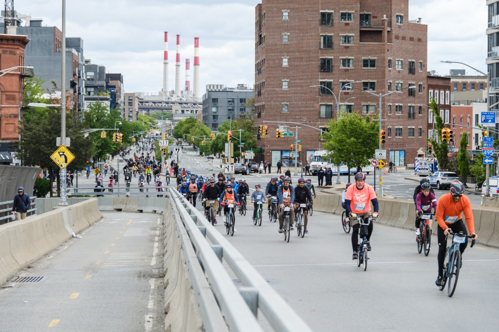 Cyclists riding over the Pulaski Bridge in the Annual Five Boro Bike Tour on May 3, 2026 in New York City.