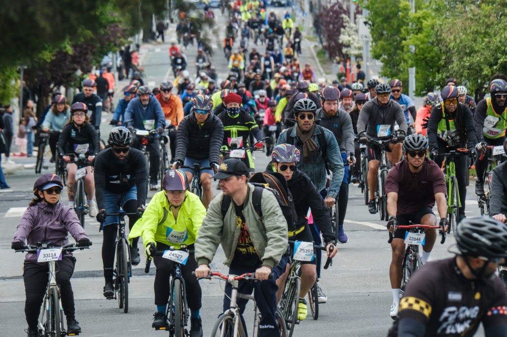 Cyclists riding over the Pulaski Bridge in the Annual Five Boro Bike Tour on May 3, 2026 in New York City.