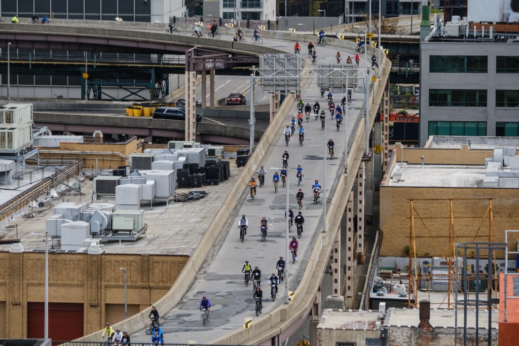 Cyclists riding over the Queensboro Bridge in the Annual Five Boro Bike Tour on May 3, 2026 in New York City.