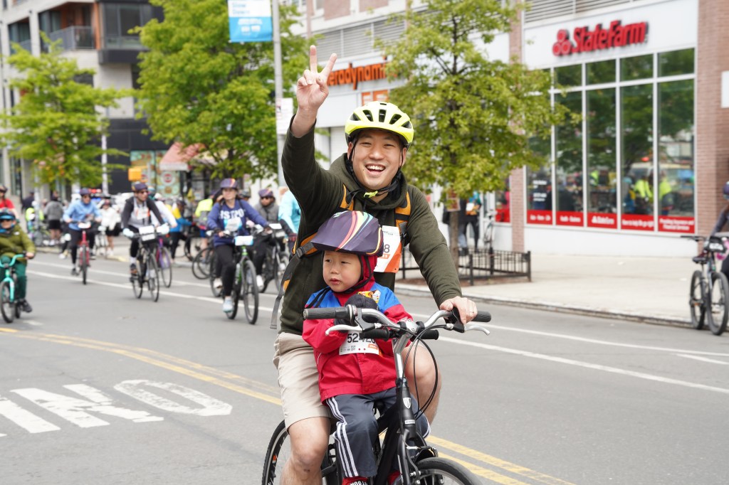 Cyclists participating in the Annual Five Boro Bike Tour at East 138 Street near 3rd Ave on May 3, 2026 in New York City.