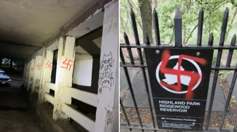 Swastikas were discovered in Highland Park and Forest Park in Queens, N.Y., on May 10, 2026. Credit: Courtesy of New York City Council Speaker Julie Menin.