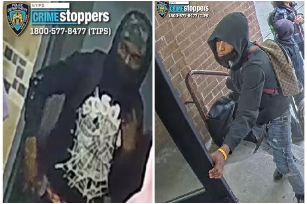 NYPD on Friday released new images of two outstanding suspects sought in the shooting, including one man last seen wearing green headgear, a black sweater and a brown backpack. (DCPI)
