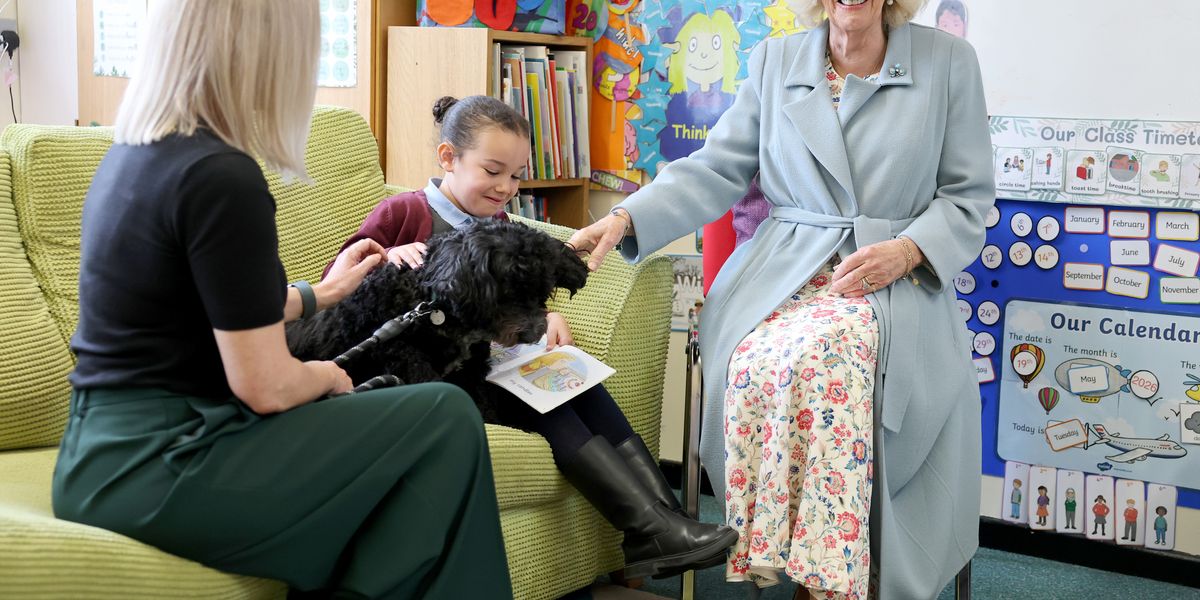 Queen meets therapy dog on visit to school in Northern Ireland