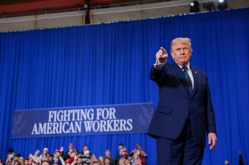 Donald Trump gestures at Rockland Community College in Suffern, New York.