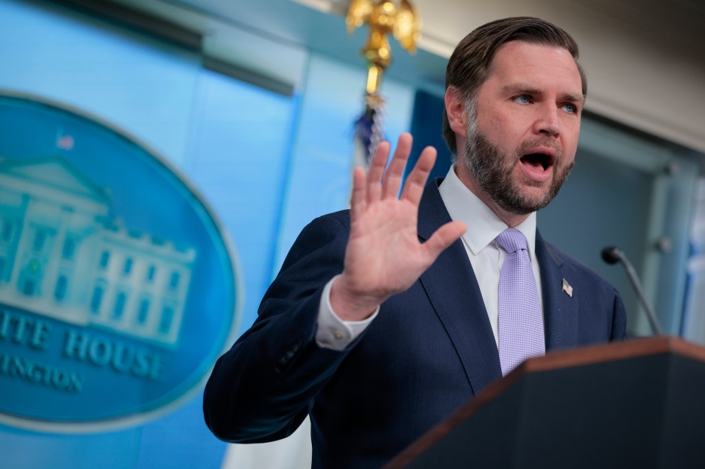 Vice President JD Vance speaking at a press briefing at the White House.