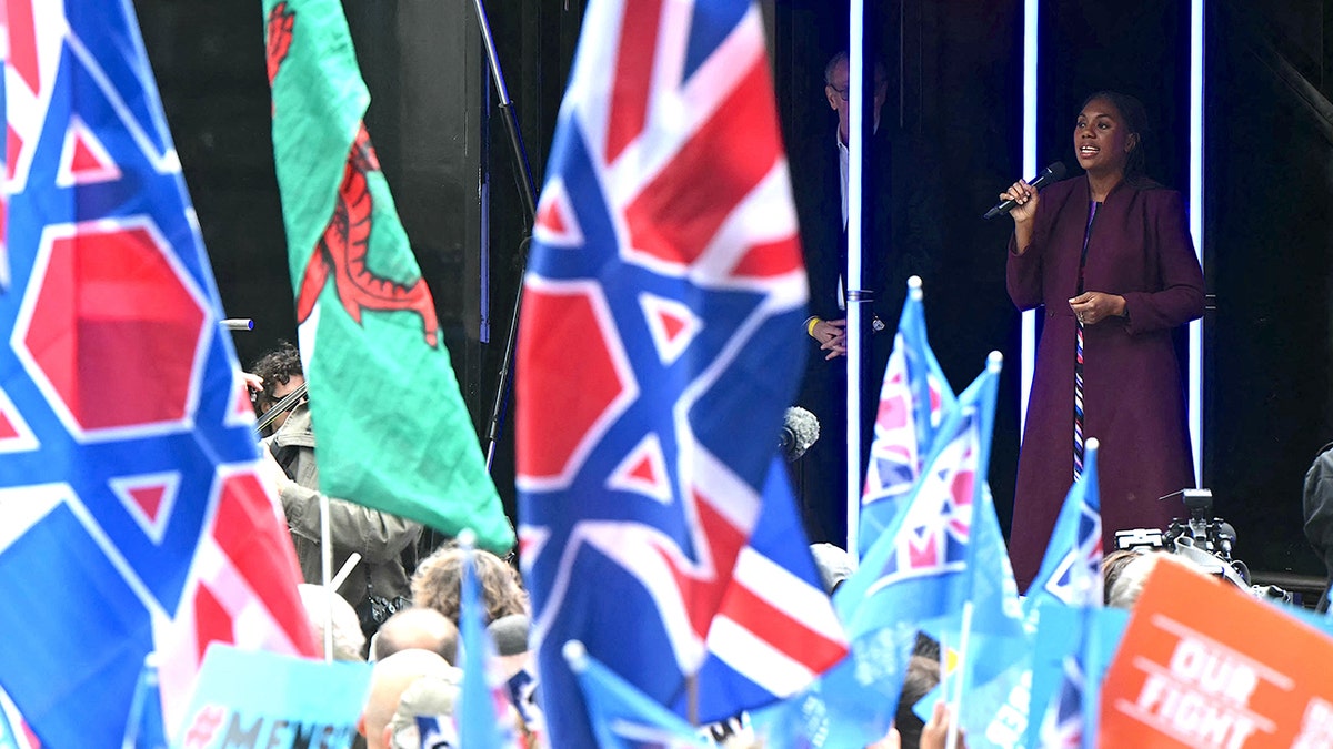 Kemi Badenoch speaking at an antisemitism rally in the U.K.