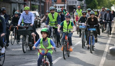 Mayor Mamdani and DOT head Mike Flynn bike to school with the Bergen Bike Bus. Photo: NYC DOT.