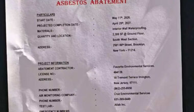 A notice of asbestos abatement attached to the site of a planned homeless shelter. Photo: Office of CM Zhuang