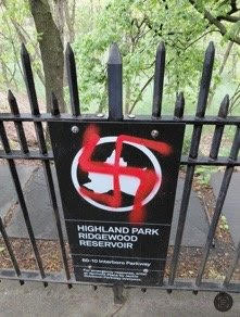 A swastika was found spray painted on a sign at Highland Park on Sunday, May 10. 