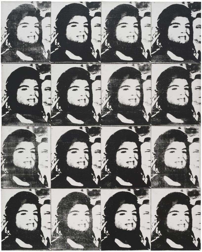 A photograph of an Andy Warhol painting that Phillips offered in its spring modern and contemporary art sale featuring sixteen tiled black and white portraits of Jackie Kennedy