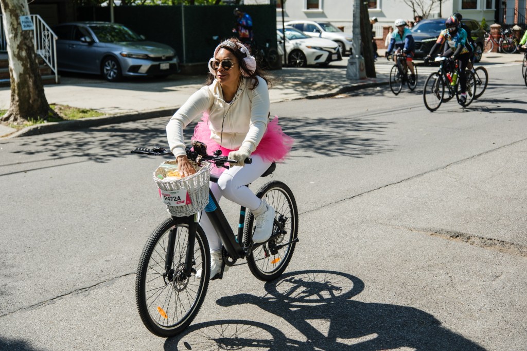 A woman in a tutu participating in the Annual Five Boro Bike Tour on May 3, 2026 in New York City.