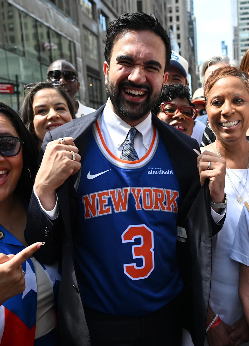 Mayor Zohran Mamdani is seen showing off his Knicks jersey at the 69th annual National Puerto Rican Day Parade on June 14, 2026, in New York City. / NDZ/Star Max / GC Images