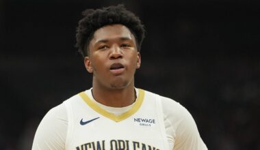 Apr 3, 2026; Sacramento, California, USA; New Orleans Pelicans center Derik Queen (22) during the first quarter against the Sacramento Kings at Golden 1 Center. Mandatory Credit: Darren Yamashita-Imagn Images