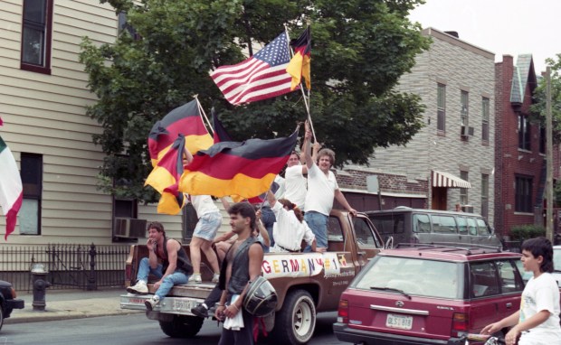 German soccer fans celebrate in Ridgewood, Queens on July 8, 1990 after their team won the 1990 World Cup Final against Argentina.