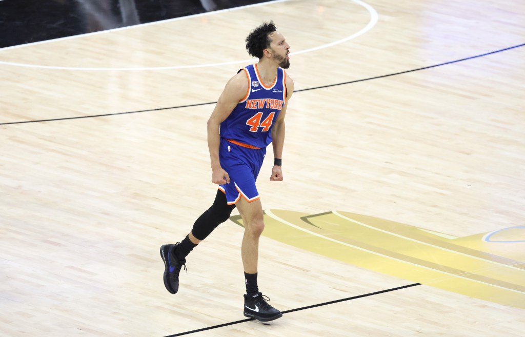 New York Knicks guard Landry Shamet #44 reacts after scoring during the fourth quarter.
