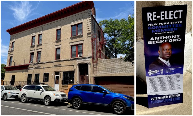 The senior citizen had just entered his building, left, in Prospect-Lefferts Gardens when he got into an argument with a woman stuffing political flyers, right, into mailboxes, police said.