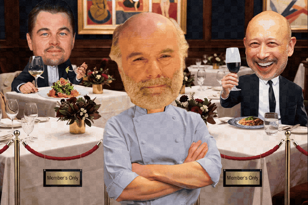 Illustration of a restaurant with three men, two dining at tables labeled "Member's Only" and one chef standing in front.