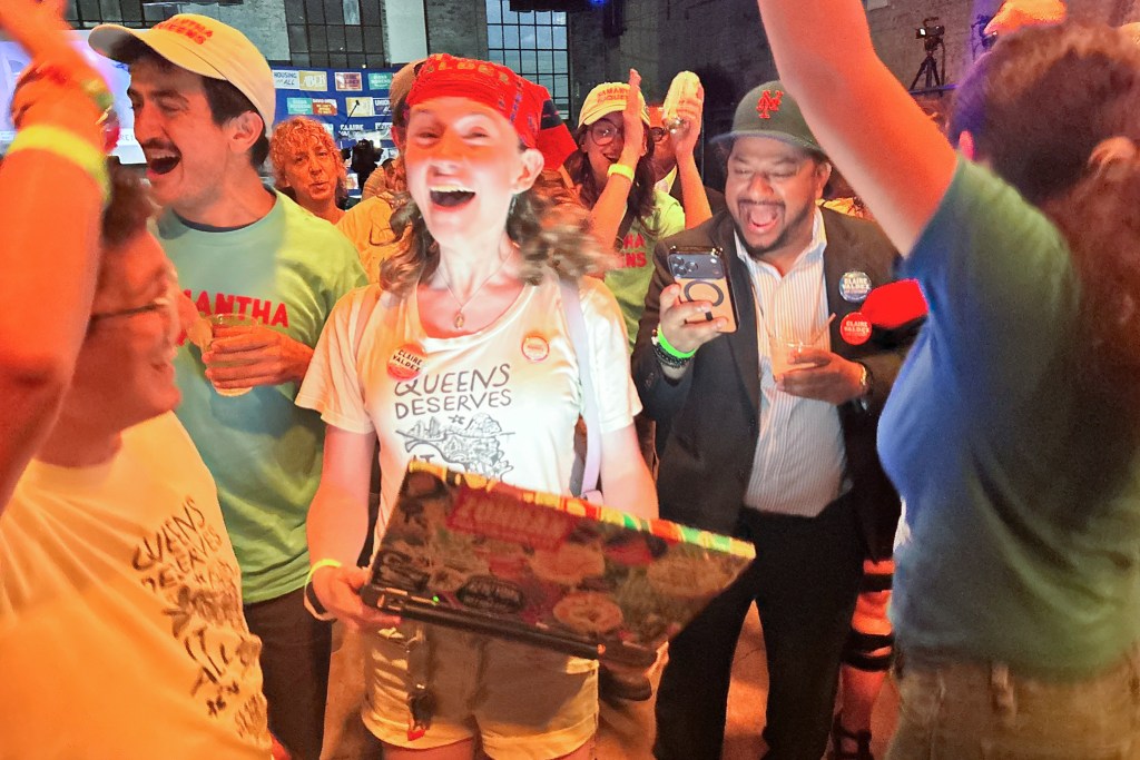 Supporters celebrate in Brooklyn at a primary night watch party for Congressional candidate Claire Valdez,