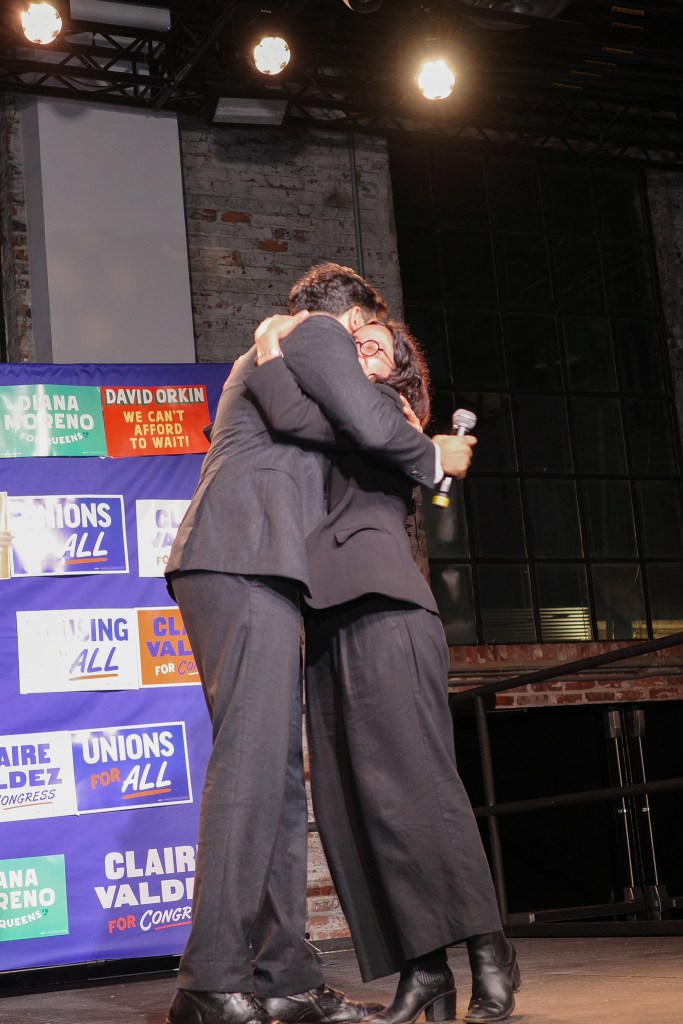 Mayor Zohran Mamdani embraces Assemblymember Claire Valdez after her Congressional race win in the Democratic primary,