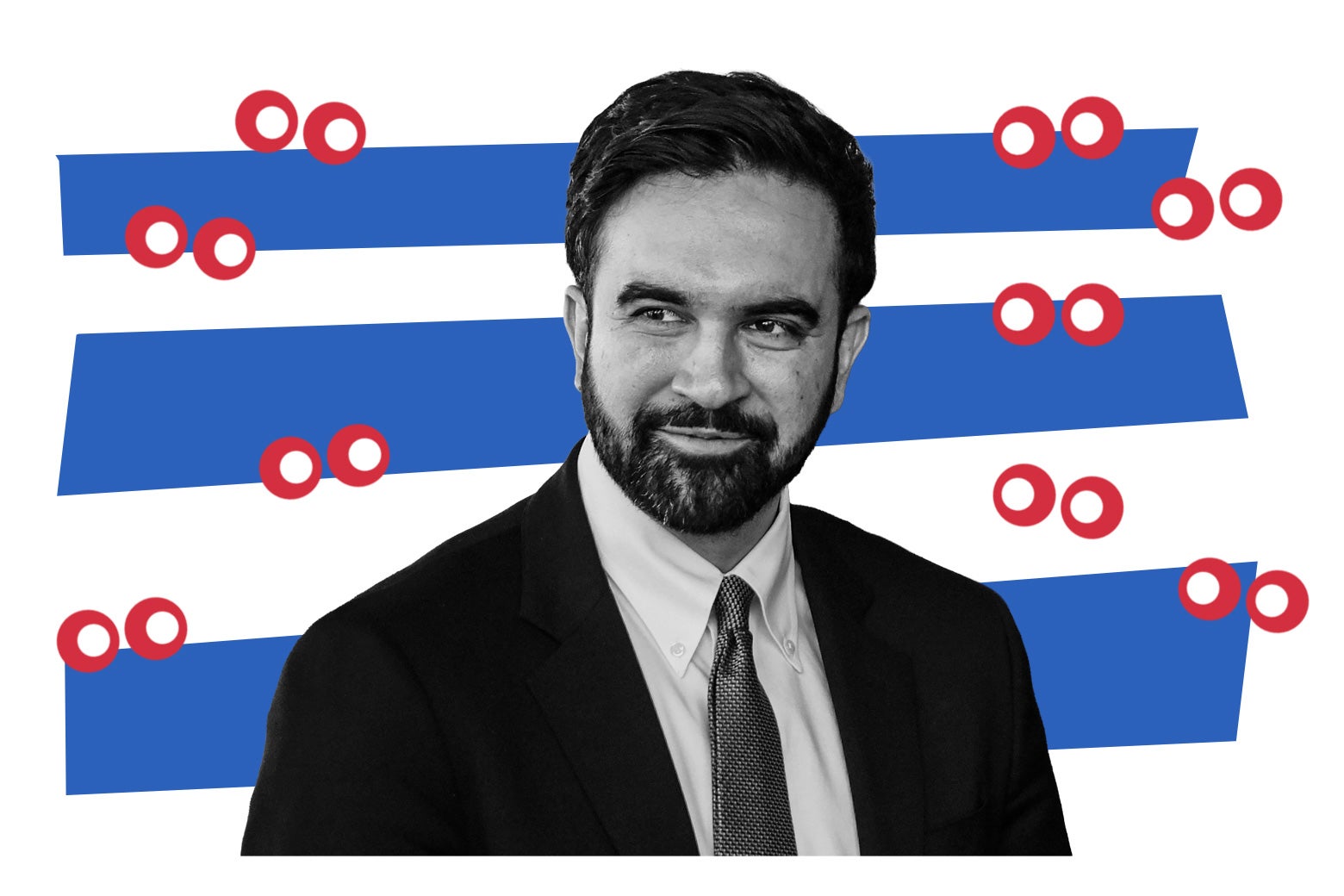Zohran Mamdani smiles in front of red bubbles and blue stripes.