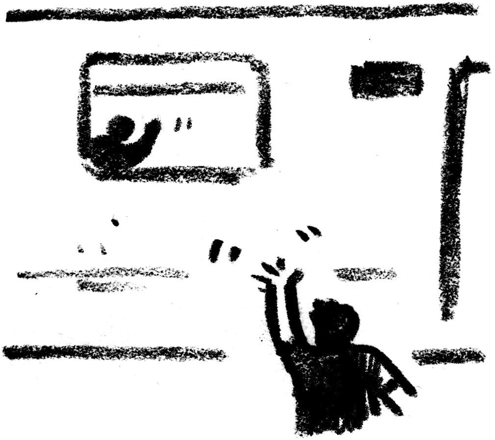 A black and white drawing of a person on a subway platform waving to another person in a subway car.
