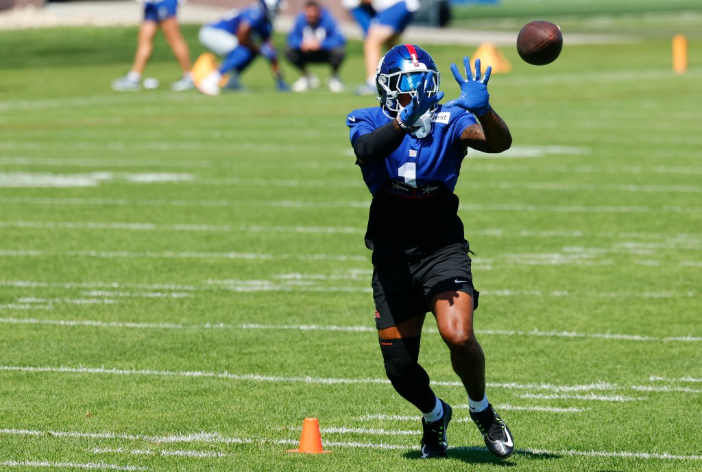 New York Giants wide receiver Malik Nabers (1) during football practice, Thursday, Sept.18, 2025, in East Rutherford, N.J. 