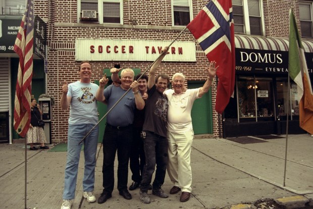 Norway soccer fans gather on 8th Ave. in Brooklyn to watch their team compete in the 1998 World Cup on June 23, 1998.