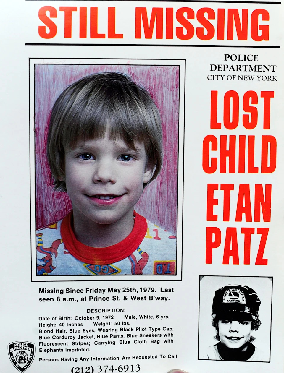 A copy photo of the original missing poster of Etan Patz is shown during a news conference near a New York City apartment building, where police and FBI agents searched a basement for clues in the boy's 1979 disappearance in New York, April 19, 2012.