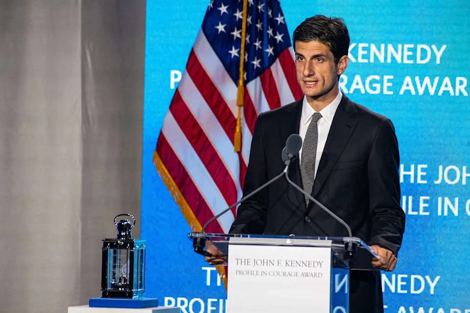Joseph Prezioso/AFP via Getty Images - PHOTO: Jack Schlossberg speaks during the 2025 John F. Kennedy Profile in Courage Award Ceremony at the John F. Kennedy Presidential Library and Museum in Boston, on May 4, 2025.